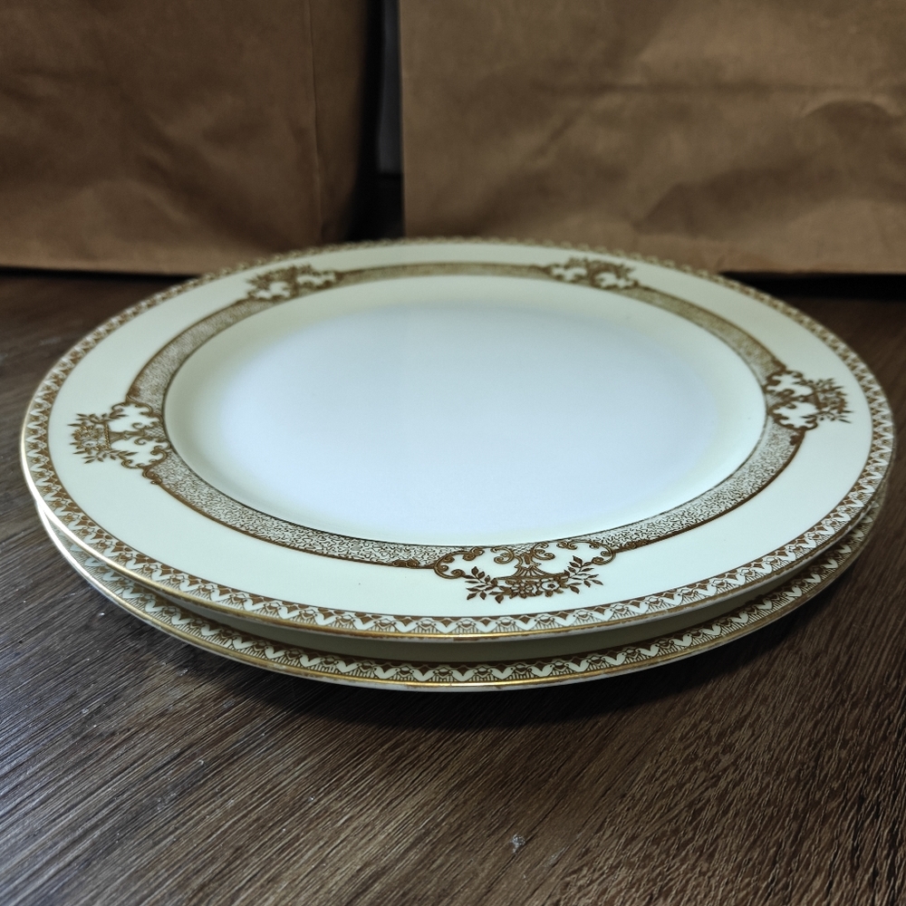 Vintage 2 pcs MEITO China Dinner Plates 10" Gold Hand Painted Made In Japan